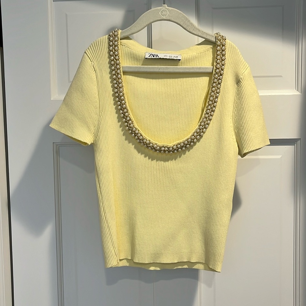 Zara Yellow Beaded Scoop Neck Top